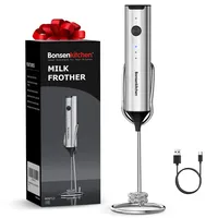 Bonsenkitchen Wiederaufladbarer Handmilchaufschäumer mit Ständer, 3-Geschwindigkeiten elektrischer Milchaufschäumer, abnehmbarer Edelstahl-Mixer, geräuscharmes Design für Latte, Matcha, Küchengeschenk