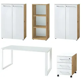 KADIMA DESIGN BÜRO-SET MUENCHEN 5-teilig | Glasfront Abschließbar | Schreibtisch, Container, 2 Schränke, Regal | Chalet-Eiche-Nb./Weiß