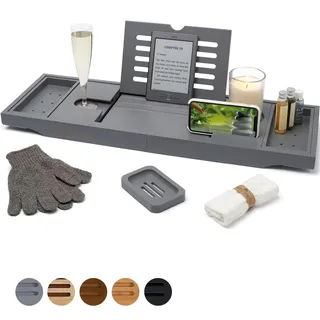 Temple Spring Badewannenablage, Badewannenablage Holz für badewannen zubehör, Badewannenbrett, Badewannentablett zur badewanne zubehör, bambus tablett, badezimmermöbel für badaccessories -Schiefergrau