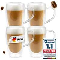 Lemontree 4er Set große Latte Macchiato Gläser 450ml - doppelwandige Gläser mit Henkel, Design Kaffeetassen, Teegläser hitzbeständig, Cappuccino Tassen aus Borosilikatglas