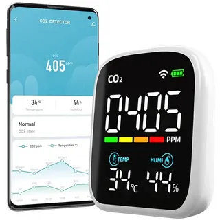 XERSEK CO2 Messgerät, NDIR Luftqualität Raumluft Monitor WiFi CO2 Melder Wetterstation (Stromsparen Kohlendioxid Detektor mit tragbare Alarm für Haus Büro Innen, WLAN APP) weiß