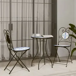 Mosaik-Bistro-Set Blau und Weiß Eisen und Keramik