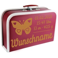 Baby Erinnerungsbox Koffer mit Namen und Geburtsdatum graviert Modell Schmetterling weinrot 35cm