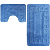 Badematten-Set, rutschfest, Bade- und WC-Vorleger, griechisches Schlüssel-Design für Badezimmer, 2-teilig, weich, saugfähig und rutschfest (blau)