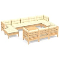 vidaXL 11-tlg. Garten-Lounge-Set mit Creme Kissen Massivholz Kiefer