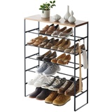 Yamazaki 3370 TOWER 6-stöckiges Schuhregal mit Holzplatte, schwarz, Stahl/Holz, minimalistisch, 66 x 25 x 87 cm