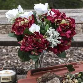 2474U Kunstblumenstrauß rot weiß, Künstliches Blumen-Bouquet 54 cm Rosalie - Rot/Weiß/Grün