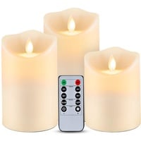 Homemory LED-Kerzen, Outdoor Wasserdichte Flammenlose Kerzen mit Fernbedienung Timer Funktion, Batteriekerzen, LED Stabkerzen, Flammenlose Kerzen, bewegliche Flamme, 3er-Set