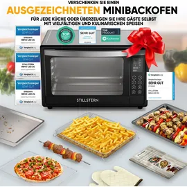 STILLSTERN Minibackofen mit Umluft (45L) DE Version, Pizza Ø32cm, NEU: CYCLONE PRO+ (Antihaftbeschichtung), 13 Programme, Auftauen&Warmhalten, 8h Timer, Rezeptheft, Mini Backofen Pizzaofen Grill