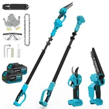 4-in-1 8 Zoll Mini Kettensäge & Akku Elektro Gartenschere für Makita 18V Akkus mit Teleskopstange & 30 mm Akku Astschere, Akku hochentaster mit 2 x 3.0Ah Akku & Bürstenloser, Arbeitsreichweite 4M