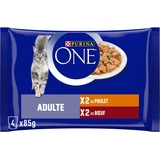 Purina One Schliff in Sauce, Mahlzeit für ausgewachsene Katzen, Hähnchen & Rind, 12 (4 x 85 g)