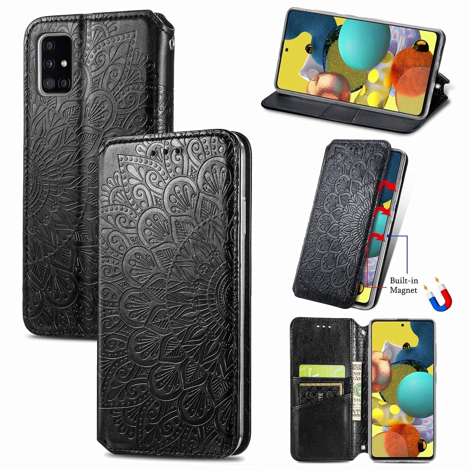 König Design Handyhülle kompatibel für Samsung Galaxy A51 Schutztasche Case Cover Wallet Mandala Schwarz