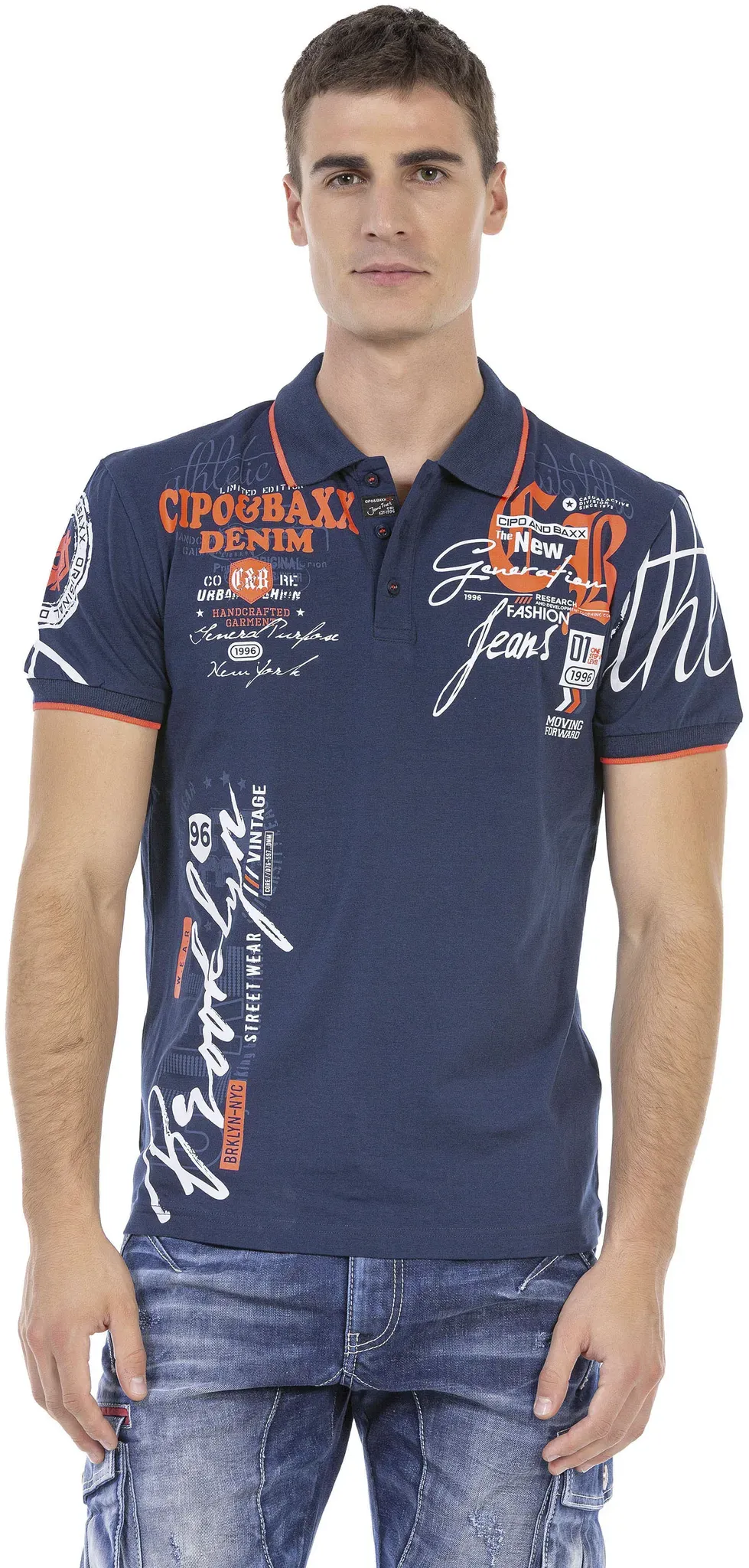 Poloshirt CIPO & BAXX, Herren, Gr. S (44/46), blau (marine), Single Jersey, Obermaterial: 95% Baumwolle, 5% Elasthan, bedruckt, slim fit, Rundhals, Rippbündchen, Shirts, mit markantem Print