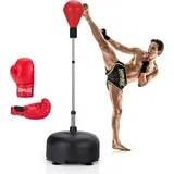 KOMFOTTEU Punchingball Boxsack auf Standfuß, höhenverstellbar 140-150 cm, Boxball auf gefülltem Boden, Boxhandschuhe, Boxset, Standboxsack für Erwachsene & Kinder (Rot)