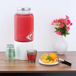 Relaxdays Getränkespender, Limobehälter geriffelt, 5 L, Zapfhahn & Deckel, Wasserspender, Glas & Eisen, transparent