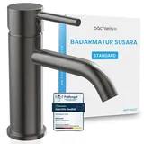 Bächlein Badarmatur Susara mit gebogenem Auslauf, Design Einhebelmischer mit langlebiger Keramikkartusche und Montage-Set, Bad Wasserhahn Anthrazit