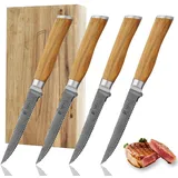Wakoli 4er Damast Steakmesser-Set, Klingenlänge 12,50 cm mit Olivenholzgriff