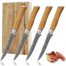 Wakoli 4er Damast Steakmesser-Set, Klingenlänge 12,50 cm mit Olivenholzgriff