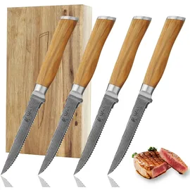 Wakoli 4er Damast Steakmesser-Set, Klingenlänge 12,50 cm mit Olivenholzgriff