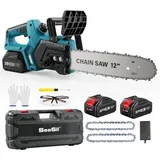 SEESII Akku Kettensäge 12 Zoll, 10000mAh Elektro Kettensäge, 1200W Bürstenloser Motor, Automatische Kettenschmierung, Werkzeuglose Kettenspannung,