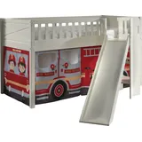 Vipack Hochbett »Scott, Spielbett, Kiefer massiv weiß lackiert, mit Rolllattenrost«, (B/H/T ca. 207,6x114x203,7cm, Kopf-/Fußteil mit Fräsung, stabil gebaut), mit Rutsch-/Leiterturm, LF 90x200 cm, inkl. Vorhang, 7 Designs weiß