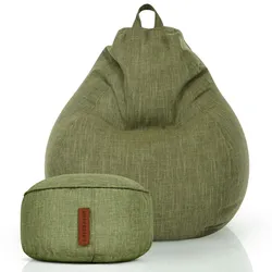Green Bean© 2er Set Indoor Sitzsack "Home Linen" + Hocker mit EPS-Perlen Füllung - Sitz-pouf Sitzkissen Sitzhocker Bean Bag Grün