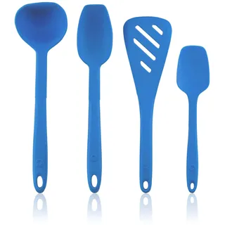 Kochblume Küchenhelfer-Set - Designwender S & Soßenlöffel S & Schöpfkelle S & Flexlöffel S 4er Set | Premium-Silikon | Hitzbeständig | Spülmaschinenfest | Farbe: blau
