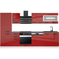 Belini Küchenzeile Küchenblock Cindy - Küchenmöbel 300 cm Einbauküche Vollausstattung ohne Elektrogeräten mit Hängeschränke und Unterschränke, ohne Arbeitsplatten, Rot Hochglanz