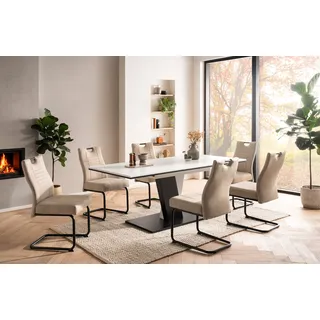 OTTO home Essgruppe "Altona", Esstisch ausziehbar plus 6 Stühle, (7-tlg., Esstisch ausziehbar 140 - 180 cm, 6 Freischwinger), Säulentisch 140-180x90 cm, Stuhl mit Federkorb, 140 kg belastbar beige|weiß