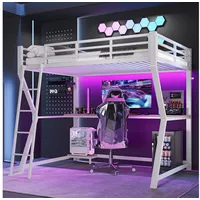 Flieks Hochbett LED Metallbett 90x200cm mit Schreibtisch und Aufladenfunktion weiß