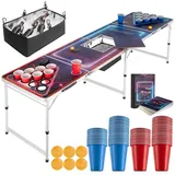 Tectake tectake® Bierpongtisch, aus Aluminium, mit Eisfach, Becherlöchern, LED-Beleuchtung, bodenschonende Kunststofffüße, inklusive 100 Bechern, 6 Bällen und Kartentrinkspiel