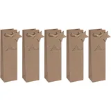 Sigel GT039/5 Flaschen-Geschenktüten aus Kraftpapier, 5er Set, 35 x 10 cm, braun, "Christmas tree", Papier-Geschenktaschen Weihnachten