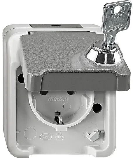 Schuko-Steckdose Aquastar Merten, IP44, Aufputz, lichtgrau, abschließbar, 1 Stück