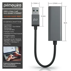Primewire Netzwerk-Adapter USB Typ A zu RJ-45 (Ethernet), USB 3.2 Netzwerkadapter extern mit Gigabit RJ45 Anschluss