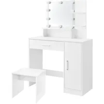 ML-Design Schminktisch Weiß mit Hocker, LED-Beleuchtung, Spiegel, Schublade, 3 Fächer, 90x38x137 cm, Kosmetiktisch aus MDF-Holz, Frisierkommode