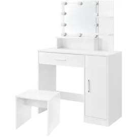 ML-Design Schminktisch Weiß mit Hocker, LED-Beleuchtung, Spiegel, Schublade, 3 Fächer, 90x38x137 cm, Kosmetiktisch aus MDF-Holz, Frisierkommode