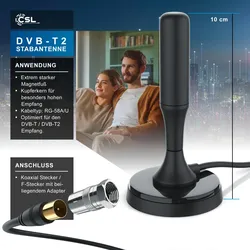 CSL DVB-T, DVB-T2 Stabantenne für Innenbereich, digitale Antenne mit 4m Kabel / inkl. F-Stecker Adapter