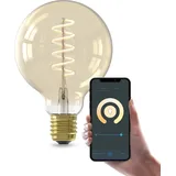 Calex Smart Lampe Spirale Filament, E27 Globe G95 Gold, WLAN Lampe mit Alexa SprachSteuerungg und Google Home, 7W Warmweißes Licht