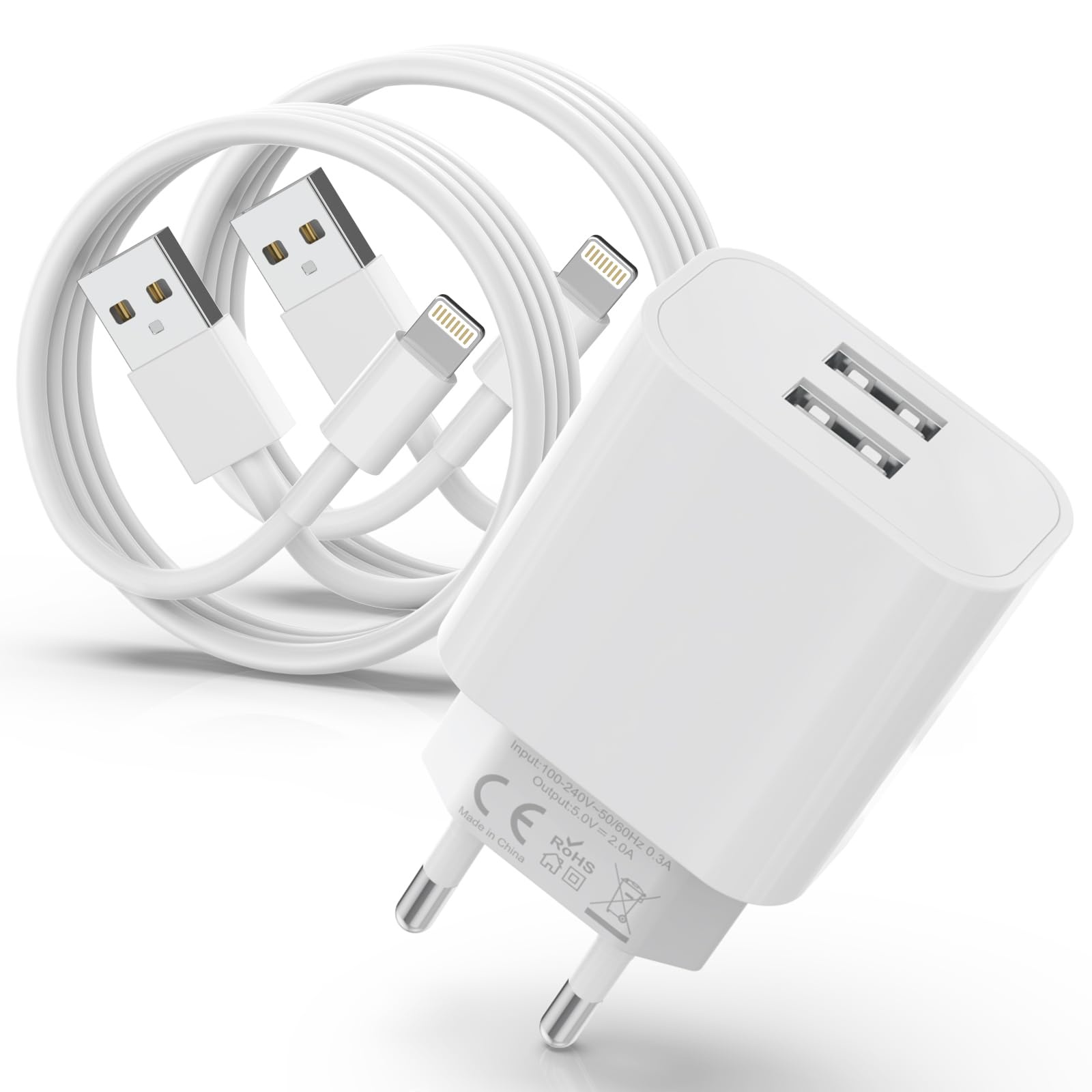 Apple MFi Certified 2Port USB iPhone Ladegerät mit 2er Pack iPhone Ladekabel 2M,iPhone Ladegerät Stecker, USB Netzteil und Lightning Kabel für iPhone 14/13/12/11 Pro/XS/XR/SE/X/8/iPad Airpods-Weiß