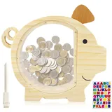 Spardose Kinder, Schweinchen-Sparschwein, abnehmbare Spardose für Kinder, personalisierte Spardose, Kreative groß Sparschwein, Sparbüchse Münze als Geschenke für Jungen Mädchen Geburtstag(Naturholz)