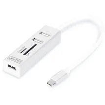 Digitus USB 2.0 Typ-C 3-Port Hub mit Kartenleser, 1x MicroSD Port, Weiß, 81x23x16mm
