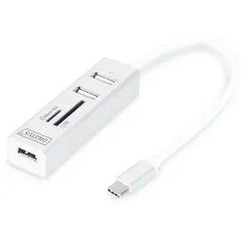 Digitus USB 2.0 Typ-C 3-Port Hub mit Kartenleser, 1x MicroSD Port, Weiß, 81x23x16mm