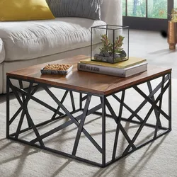 Kadima Design Industrial-Stil Couchtisch, Sheesham Holz, Schwarzes Metallgestell. 60x60x35 cm