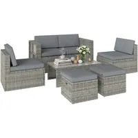 Polyrattan Gartenmöbel Set 6-teilig Lounge Mit Sofa 2 Sessel Glastisch Und 2 Hocker Sitzgruppe Anthrazit