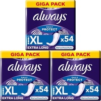 Always Dailies Protect Slipeinlagen Damen, Extra Long (54 Binden) Giga Pack, geruchsneutralisierend, atmungsaktiv, flexibel (Packung mit 3)