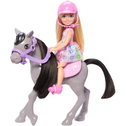 Barbie Chelsea Spielzeugset mit Puppe und Pferd, enthält Helm-Zubehörteil, Puppe kann zum Reiten“ die Knie anwinkeln, Pony