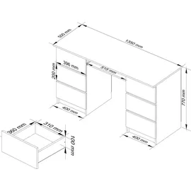akord furniture factory AKORD A11 in der Farbe Weiß mit 6 Schubladen B135 x H77 x T50 cm