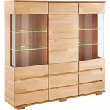Home Affaire Highboard Vetro,150cm breit,40 cm tief,Fronten Massivholz,9 Fächer, Kernbuche massiv, Holzwerkstoff, 3Türen,6 Schubladen, Griffmulden braun