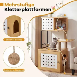 Costway Kratzbaum mit Katzenklo Schrank, für Katzentoilette, Katzenkratzbaum mit Futterstation, Sisalpfosten, Kratzmatten & Eingang, Katzenhaus Holz, Futterstation,Sisalpfosten&Kratzma... Naturbelassen