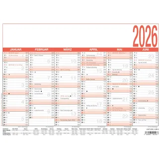 Zettler Arbeitstagekalender A4 2026 – Bürokalender groß 30 × 21 cm, 6 Monate pro Seite, Arbeitstage-, Tages- & Wochenzähler, Ferienübersicht, Feiertage, Mondphasen, Wandkalender kompakt, FSC Karton